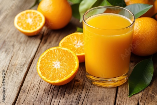 Fresh orange juice on wood background - healthy drink witth generative ai