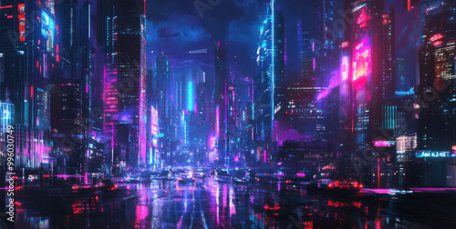 Abstract cityscape with glowing neon lights and futuristic buildings, evoking a sense of urban energy and innovation.