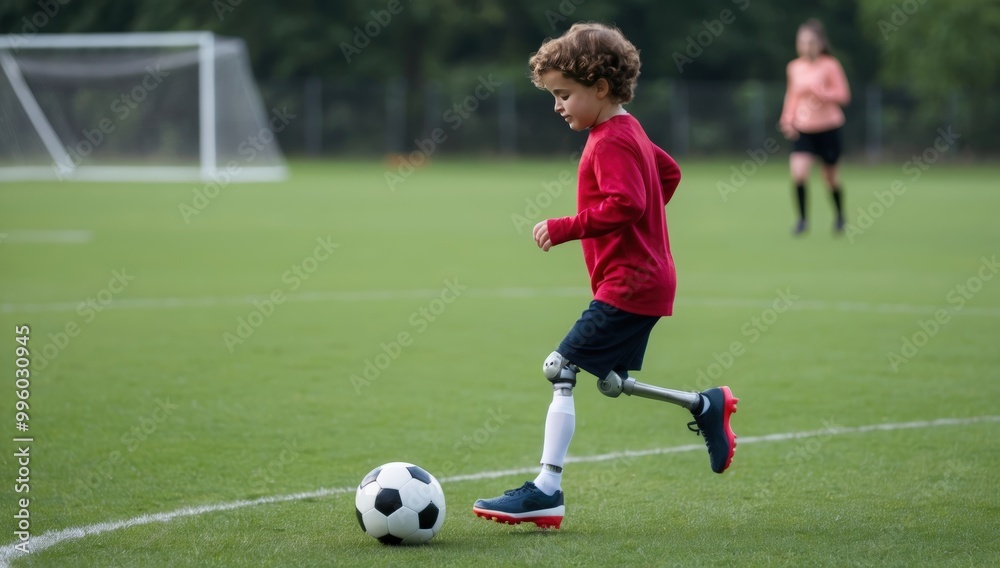 Young boy with prosthetic legs participates in a soccer match, demonstrating courage and ability while playing with friends Young boy with prosthetic legs participates in a soccer match, demonstrating courage and ability while playing with friends