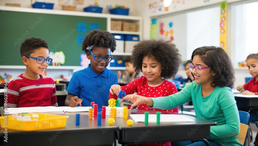 group of diverse children in a classroom joyfully playing with educational toys group of diverse children in a classroom joyfully playing with educational toys