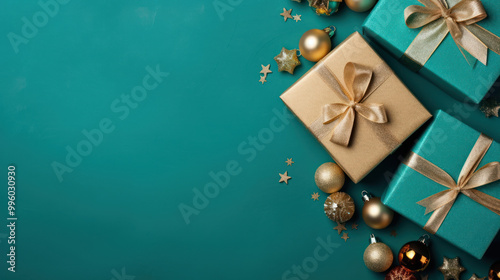 Top view of gifts, bows and Christmas decorations on a turquoise background