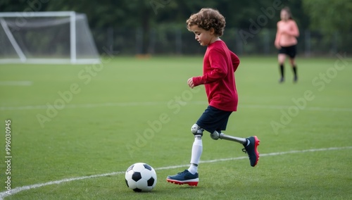 Young boy with prosthetic legs participates in a soccer match, demonstrating courage and ability while playing with friends