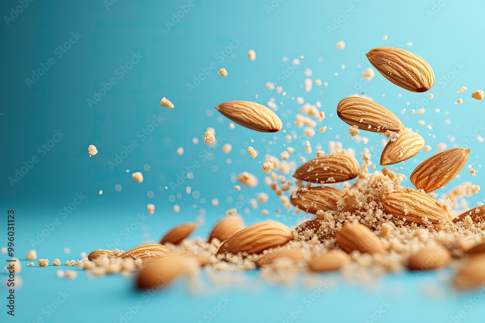 Fototapeta premium Almonds and almond flour on blue. Perfect for packaging, recipes, or articles about healthy snacking.