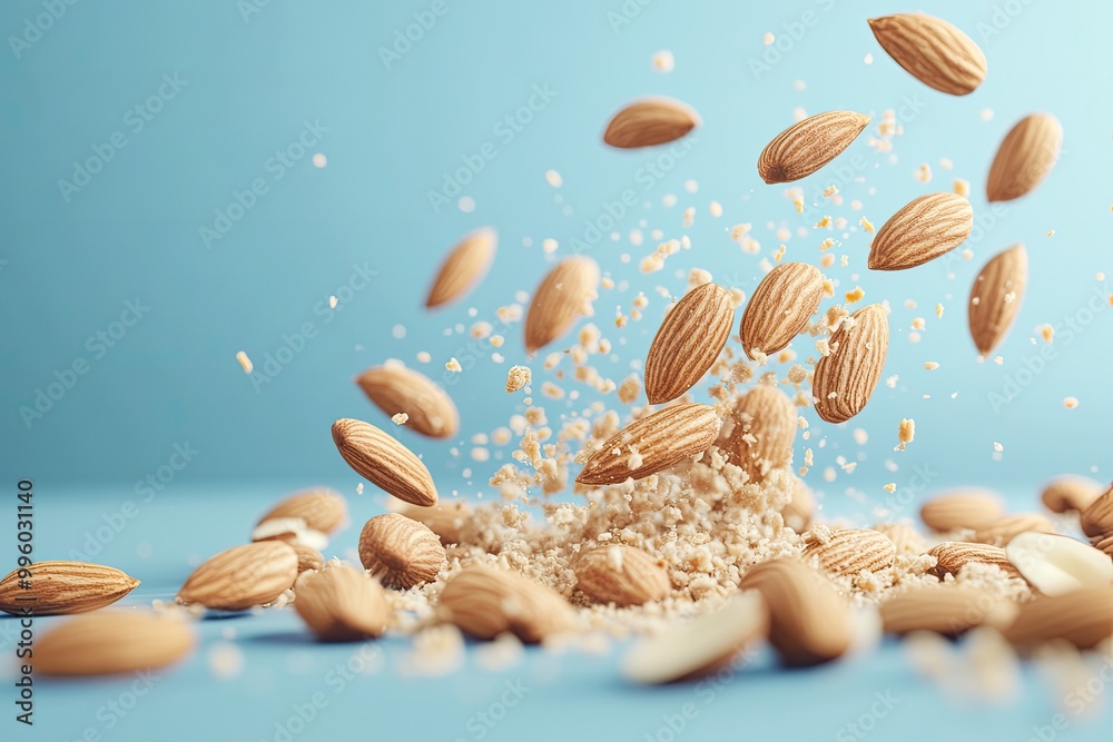 Fototapeta premium Almonds falling into a pile. Perfect for food, health, and diet content.