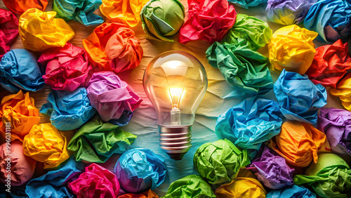 Creative lightbulb idea surrounded by colorful crumpled paper , innovation, brainstorming, creativity, inspiration, imagination