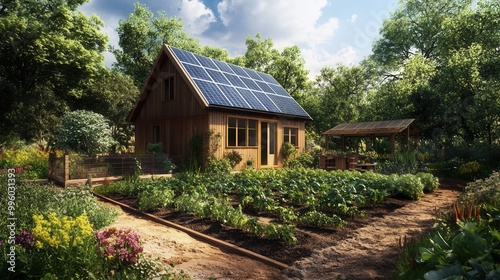 A solar-powered home with a lush vegetable garden in the backyard, promoting self-sufficiency photo