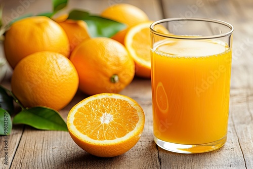 Fresh orange juice on wood background - healthy drink witth generative ai