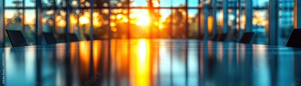 Modern conference room with sunset view, large table, and glass windows. Modern conference room with sunset view, large table, and glass windows.