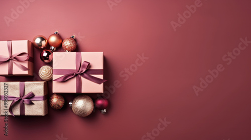 Top view of gifts, bows and Christmas decorations on a light maroon background