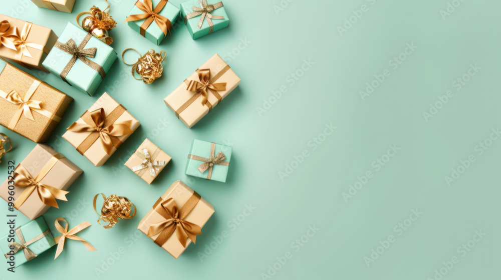 Top view of gifts, bows and Christmas decorations on a light cyan background Top view of gifts, bows and Christmas decorations on a light cyan background