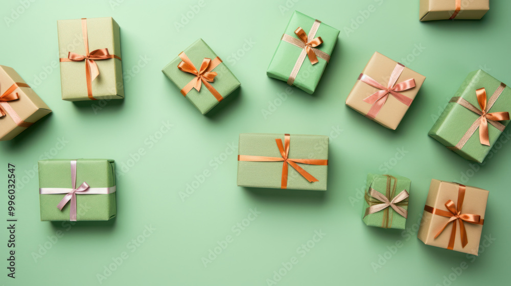Top view of gifts, bows and Christmas decorations on a light green background Top view of gifts, bows and Christmas decorations on a light green background