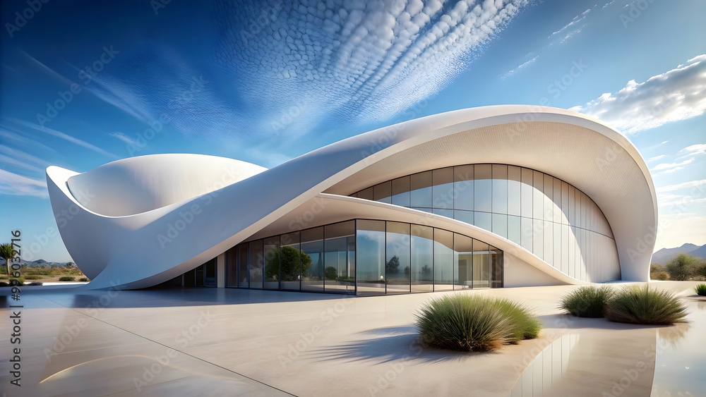 Fototapeta premium Modern architectural structure with a white facade and smooth, curved surfaces in a desert-like environment, modern, architecture