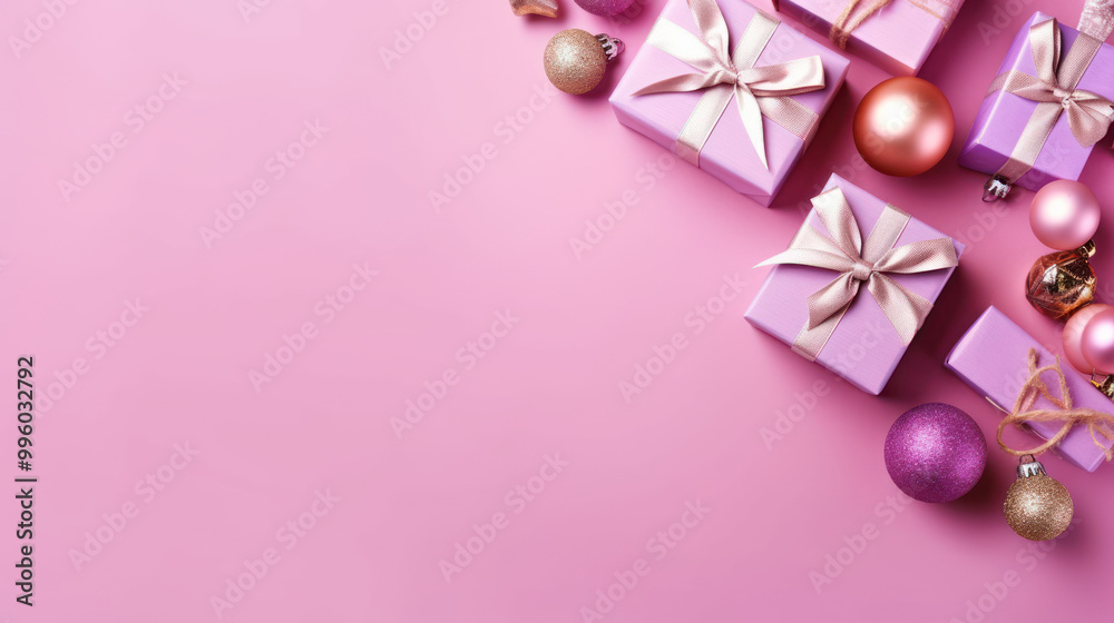 Top view of gifts, bows and Christmas decorations on a light magenta background Top view of gifts, bows and Christmas decorations on a light magenta background