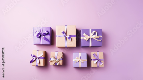 Top view of gifts, bows and Christmas decorations on a light purple background