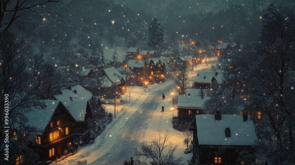 A peaceful winter night with snow gently falling over a quiet village, the streets glowing with warm light from the homes. A peaceful winter night with snow gently falling over a quiet village, the streets glowing with warm light from the homes.