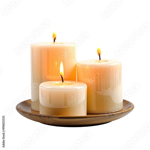 Tranquil Candlelight: Three softly glowing cream-colored candles on a rustic wooden plate, creating a serene and calming ambiance. Perfect for spa, wellness, or home decor themes.