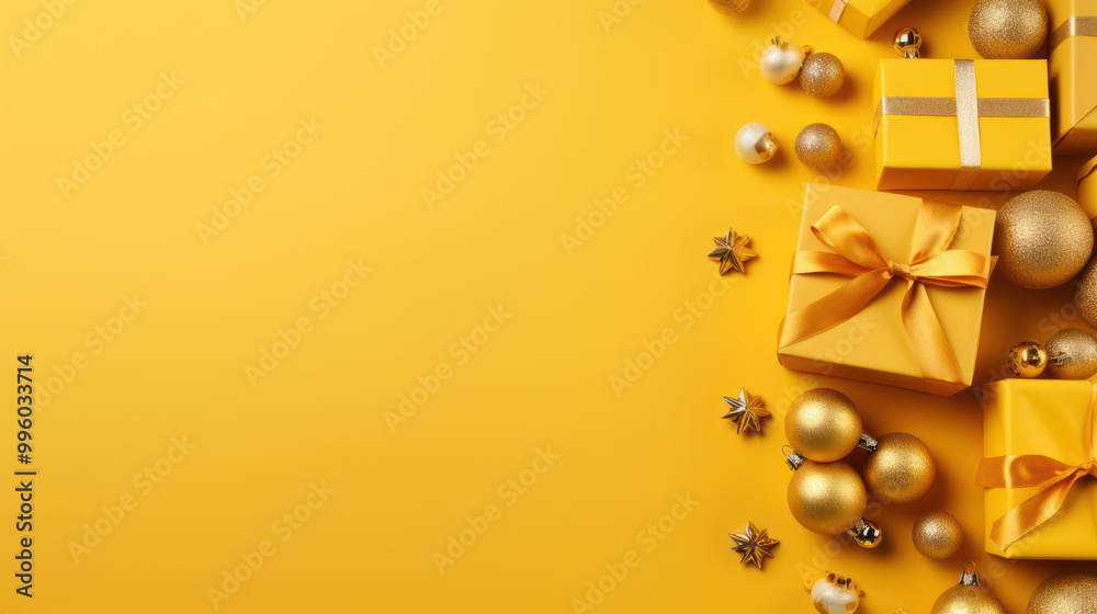 Fototapeta premium Top view of gifts, bows and Christmas decorations on a vivid yellow background