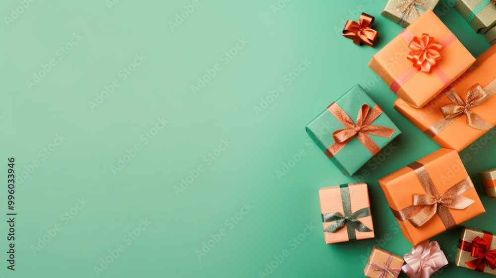 Top view of gifts, bows and Christmas decorations on a colorful background Top view of gifts, bows and Christmas decorations on a colorful background
