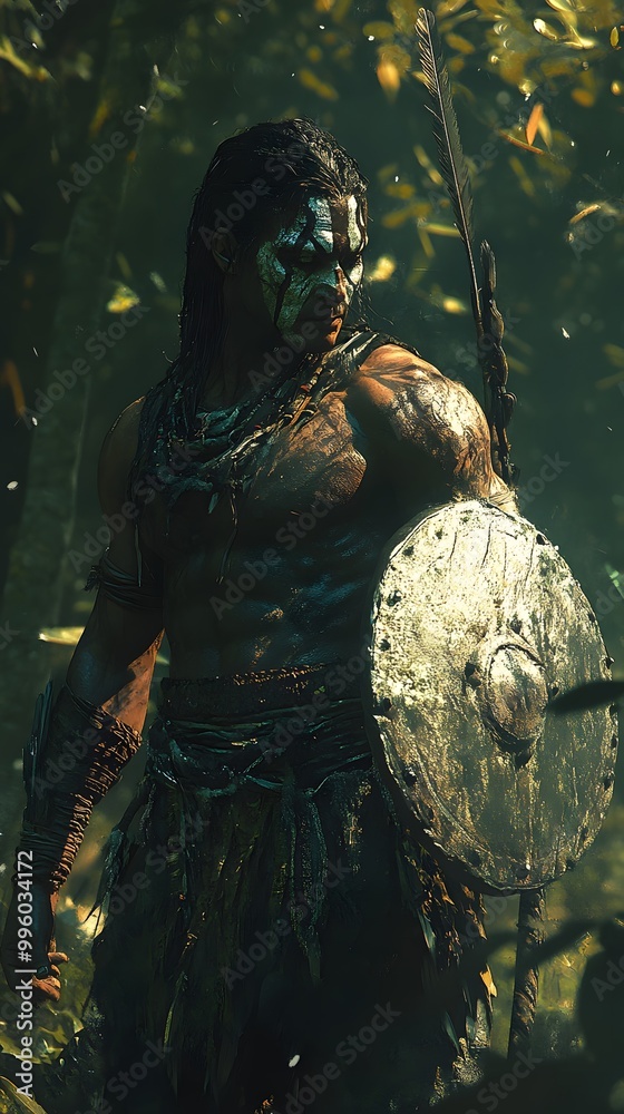42. A warrior with a war paint, preparing for battle in an ancient forest 42. A warrior with a war paint, preparing for battle in an ancient forest