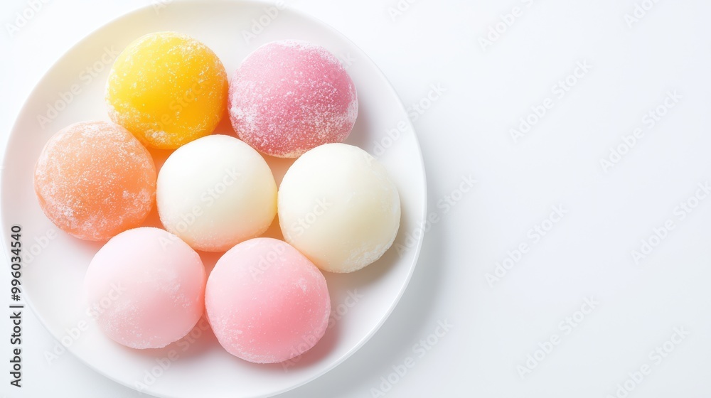 Colorful mochi dessert on a white plate, white isolate background Colorful mochi dessert on a white plate, white isolate background