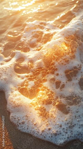 Golden sunlight reflecting on ocean wave foam on sandy beach.
