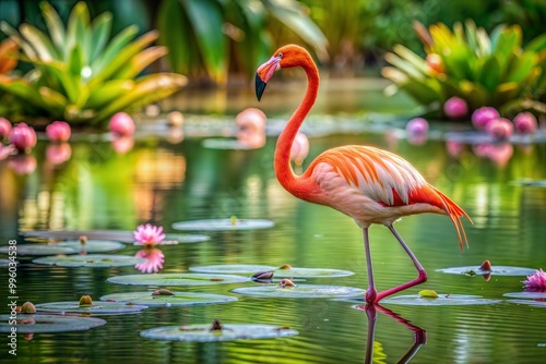 Flamingo in tropical pond with lush greenery and lily pads