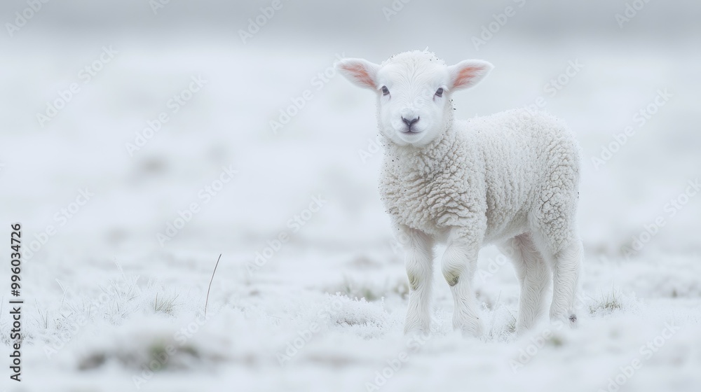 Fototapeta premium A White Lamb Standing in a Snowy Field
