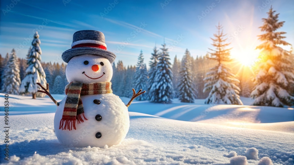 Happy snowman is standing in a snowy forest with the sun setting behind it Happy snowman is standing in a snowy forest with the sun setting behind it