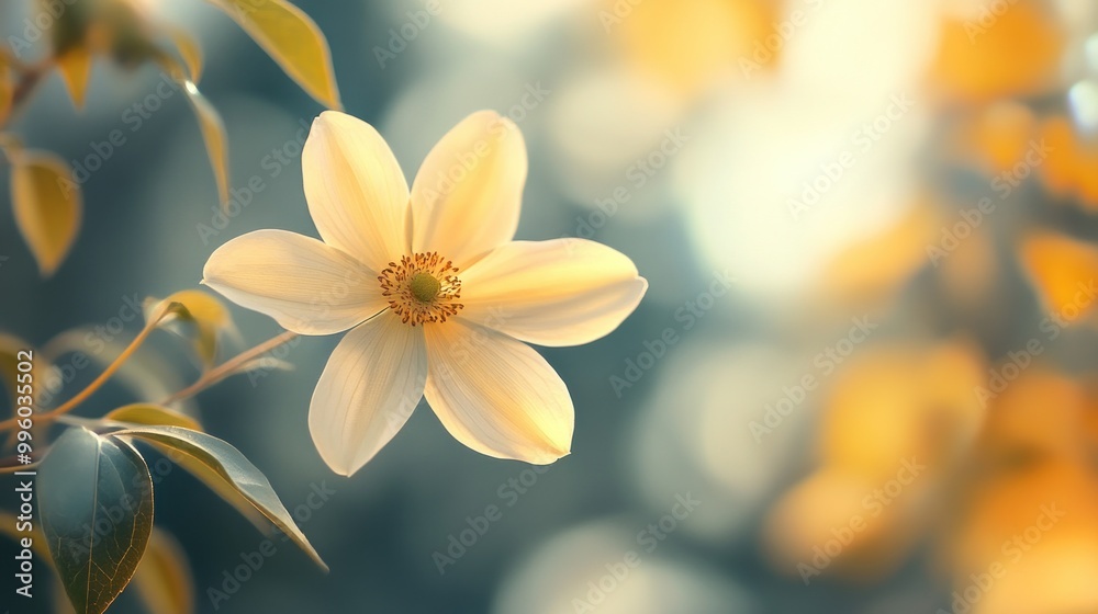 Fototapeta premium A Single Delicate White Flower Against a Blurred Background of Green and Yellow