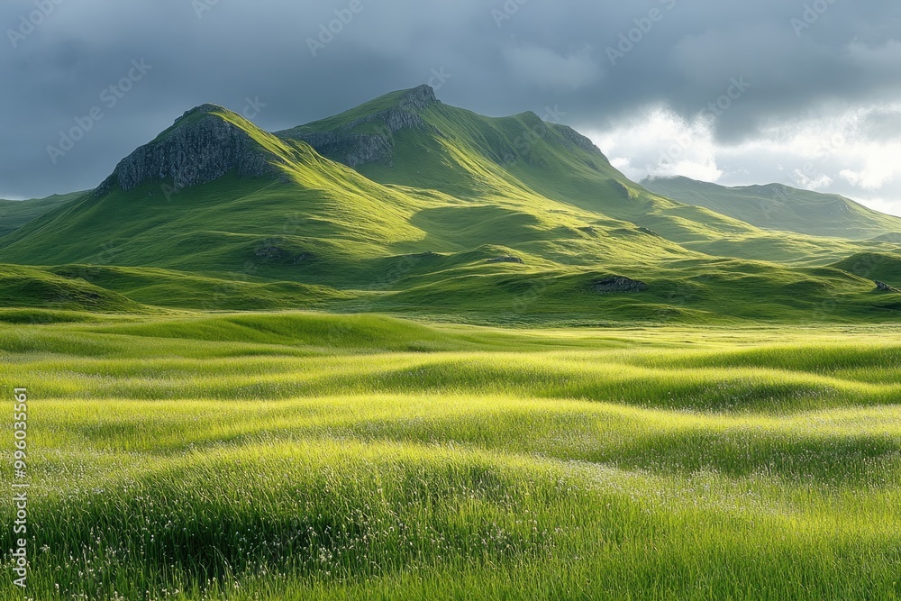 Fototapeta premium Sunlight illuminating rolling green hills and mountains in scotland