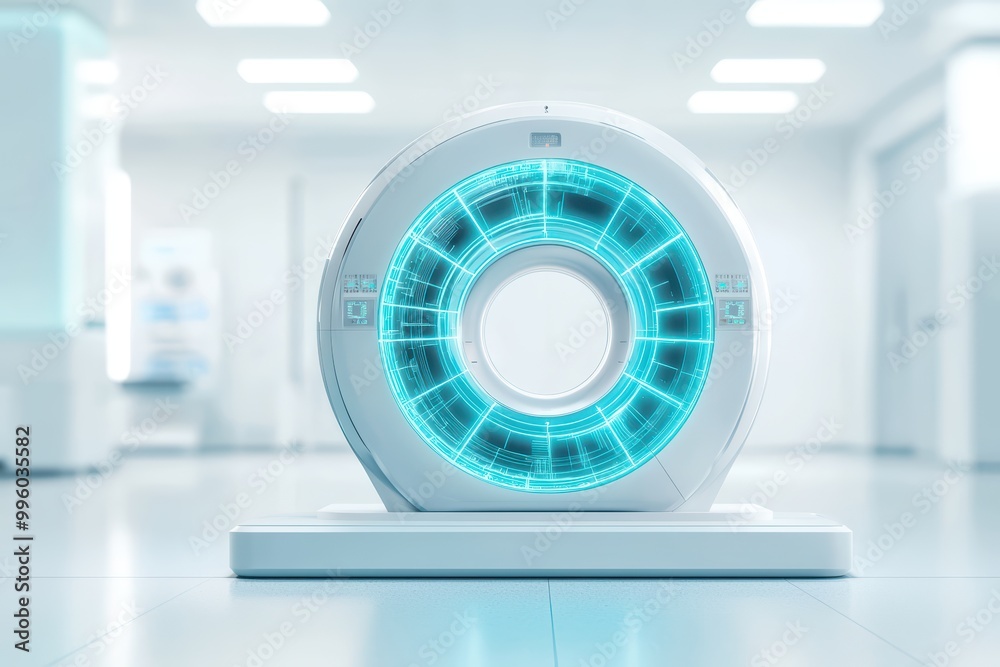 CT scanner machine on a bright clinical background. CT scanner machine on a bright clinical background.