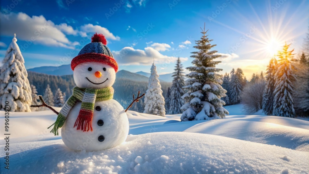 Happy snowman is standing in a snowy forest with the sun setting behind it Happy snowman is standing in a snowy forest with the sun setting behind it