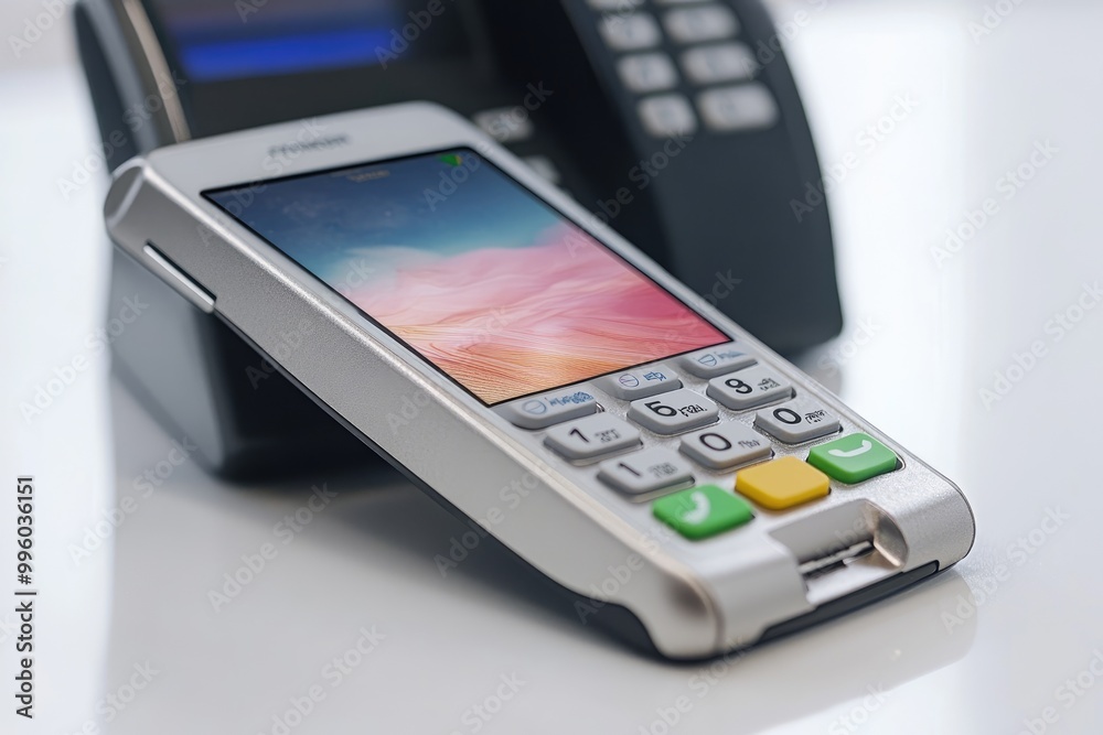 Modern pos terminal waiting for a customer to pay for their purchase Modern pos terminal waiting for a customer to pay for their purchase