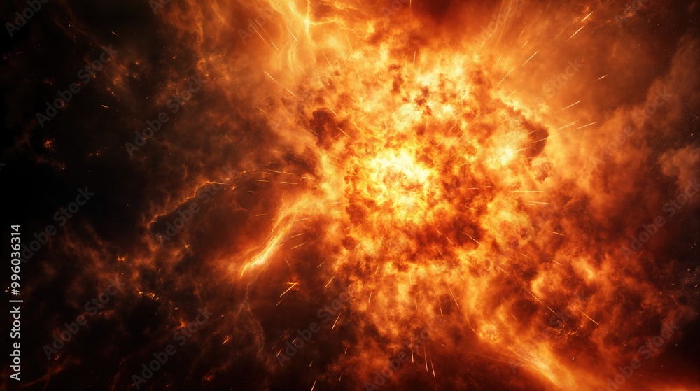 Massive cosmic explosion with fiery clouds and energy bursts in deep space, symbolizing destruction and creation. Massive cosmic explosion with fiery clouds and energy bursts in deep space, symbolizing destruction and creation.