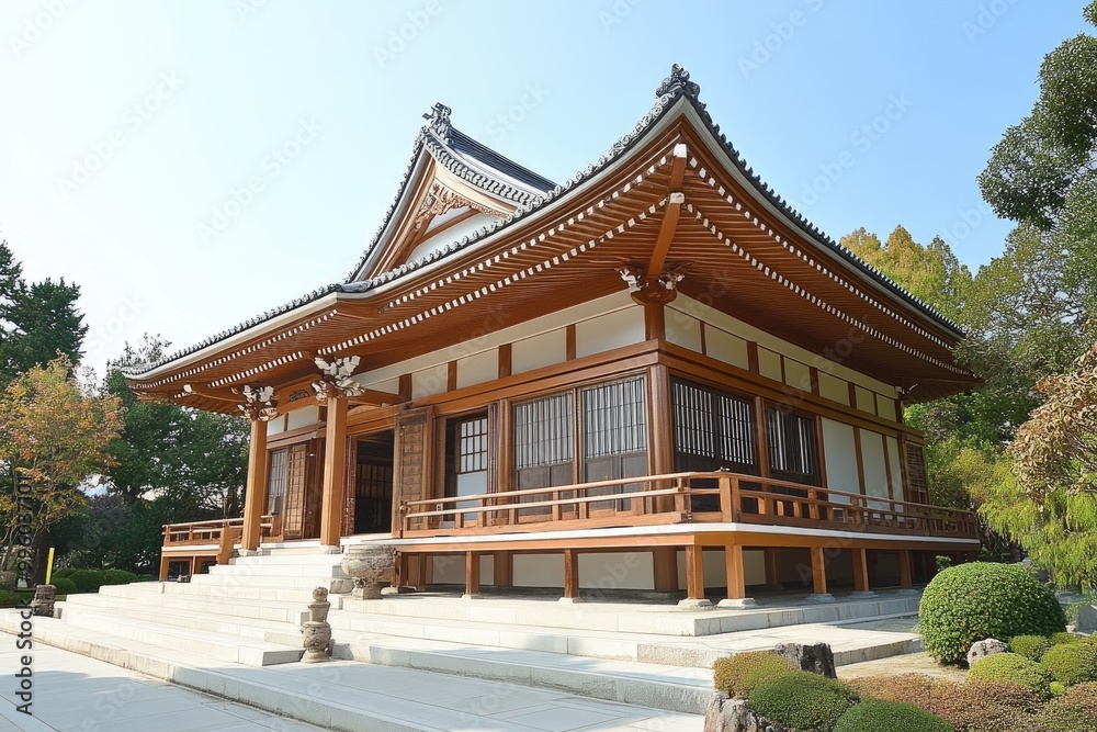 Traditional japanese buddhist temple building surrounded by trees Traditional japanese buddhist temple building surrounded by trees