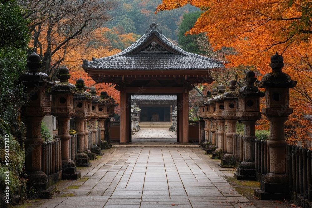 © Gatherina - Traditional japanese stone lanterns leading to temple gate in autumn
