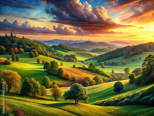 A tranquil landscape unfolds, featuring gentle rolling hills, rich greenery, and a breathtaking sunset sky that envelops the scene in vibrant colors and warmth.