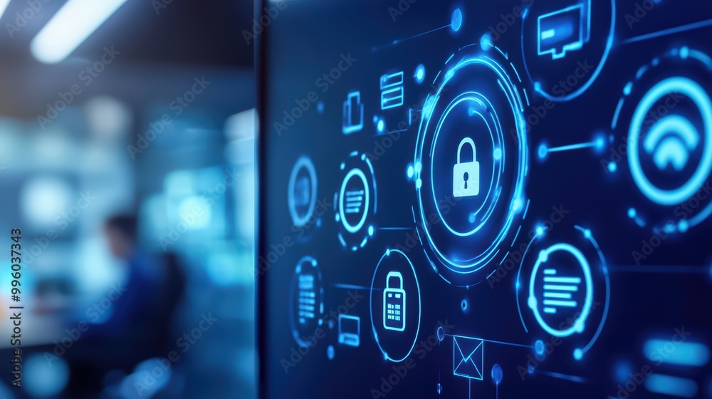 Digital security concept with lock icon and data symbols on screen background. Digital security concept with lock icon and data symbols on screen background.