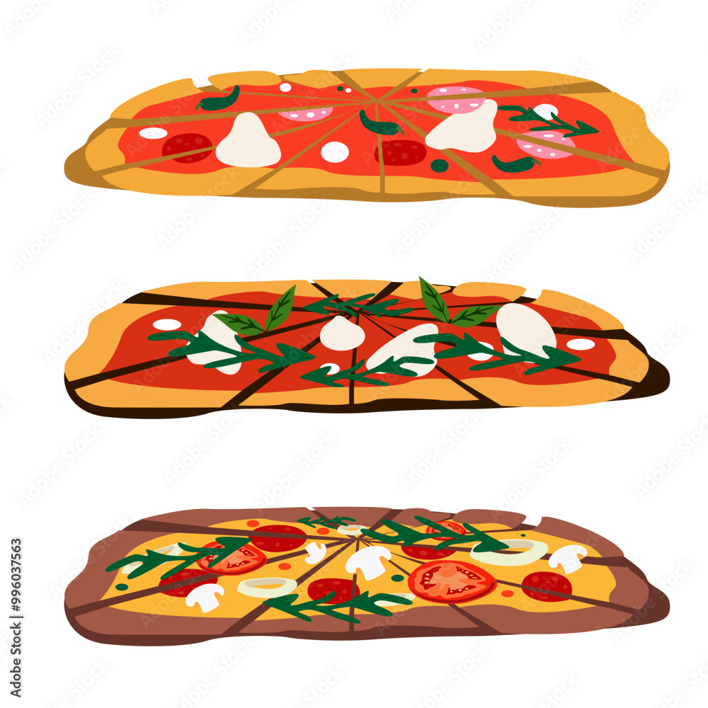 Pieces of pizza, a set of ingredients, various toppings. Pizza with mozzarella, arugula, tomatoes, mushrooms, salami, chili, parmesan, rosemary Pieces of pizza, a set of ingredients, various toppings. Pizza with mozzarella, arugula, tomatoes, mushrooms, salami, chili, parmesan, rosemary