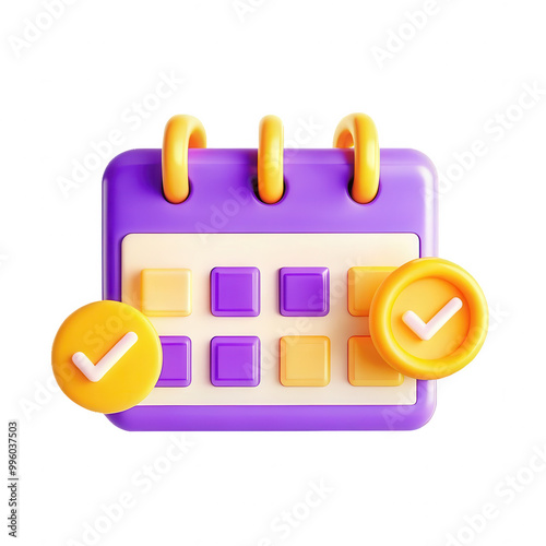 A vibrant 3D model representing a calendar icon, featuring a purple base with yellow accents. Ideal for digital applications and designs. photo