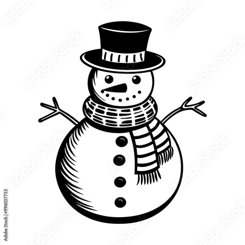 Snowman icon. Christmas decor. Black drawn snowman. Snowman's template. Vector illustration.