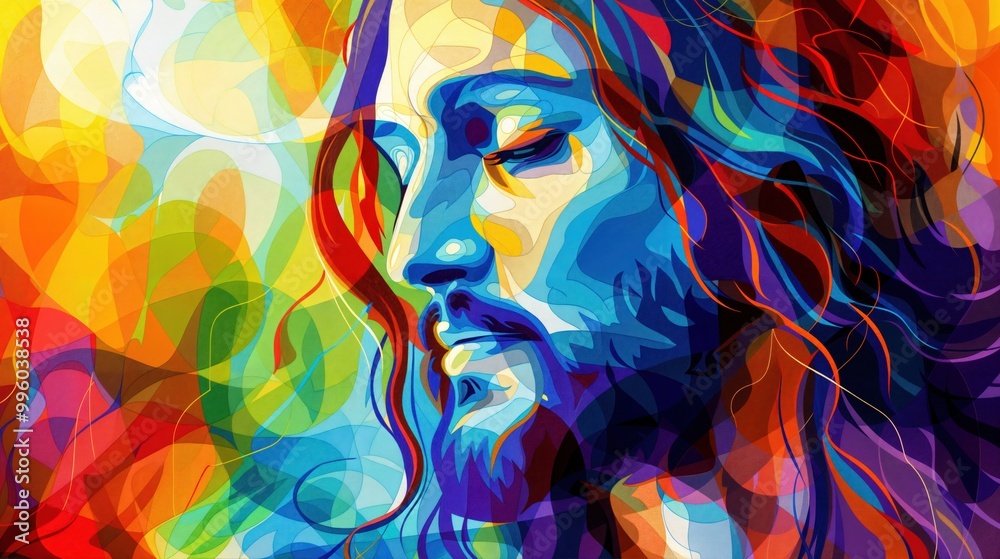 Vibrant abstract portrait of Jesus with flowing colors, modern artistic representation of faith and spirituality