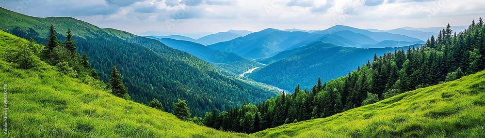 Peaceful mountain landscape with a flowing river winding through a lush valley Peaceful mountain landscape with a flowing river winding through a lush valley