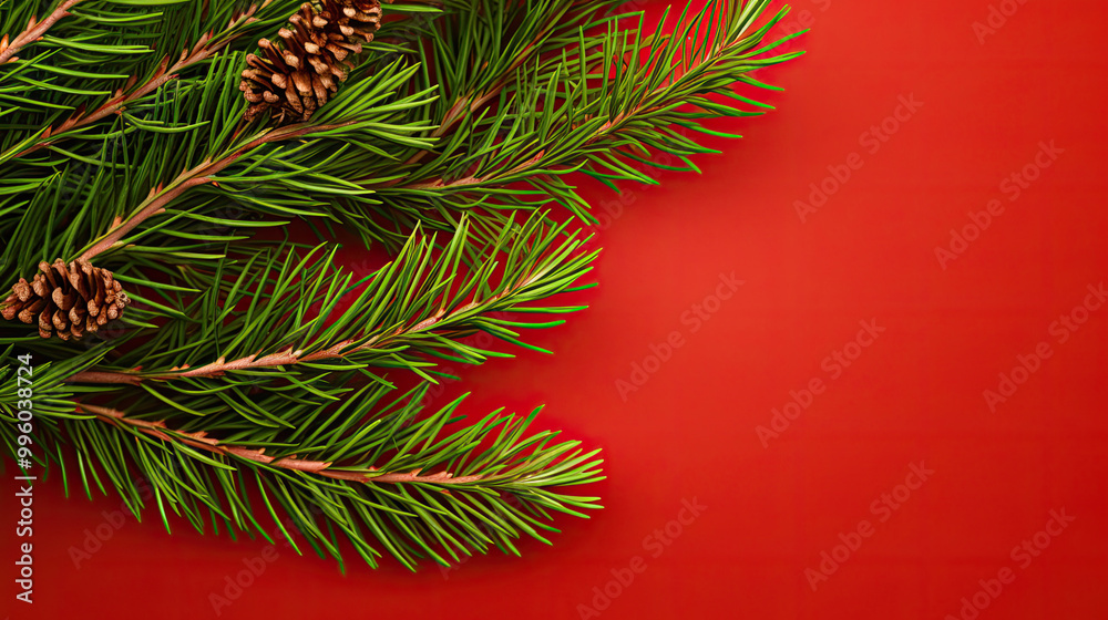 Top view of tree branches with Christmas ornaments and details on a red background Top view of tree branches with Christmas ornaments and details on a red background