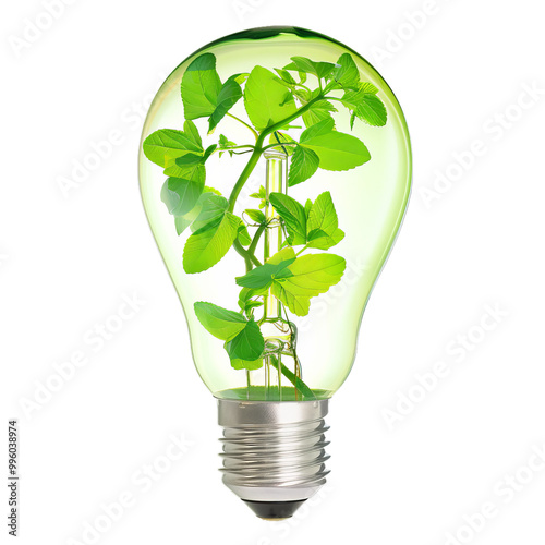 Green plant growing inside a light bulb representing the concept of renewable and sustainable energy photo