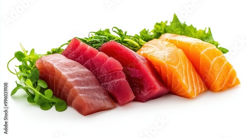 Fresh slices of sushi grade fish on a white isolated background. photo