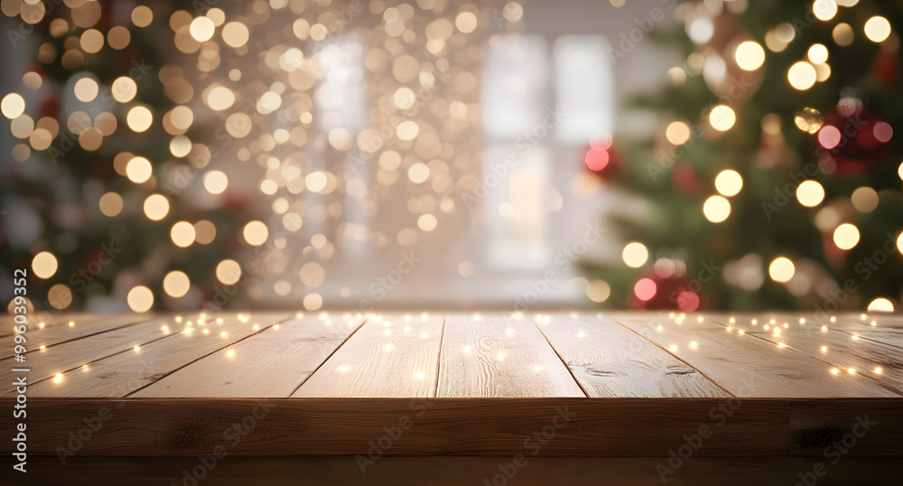 A wood table, tabletop product display with a festive Christmas background of Christmas tree and fairy lights. A wood table, tabletop product display with a festive Christmas background of Christmas tree and fairy lights.