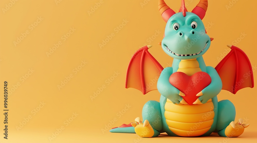 A blue dragon with red wings holding a red heart on an orange background.