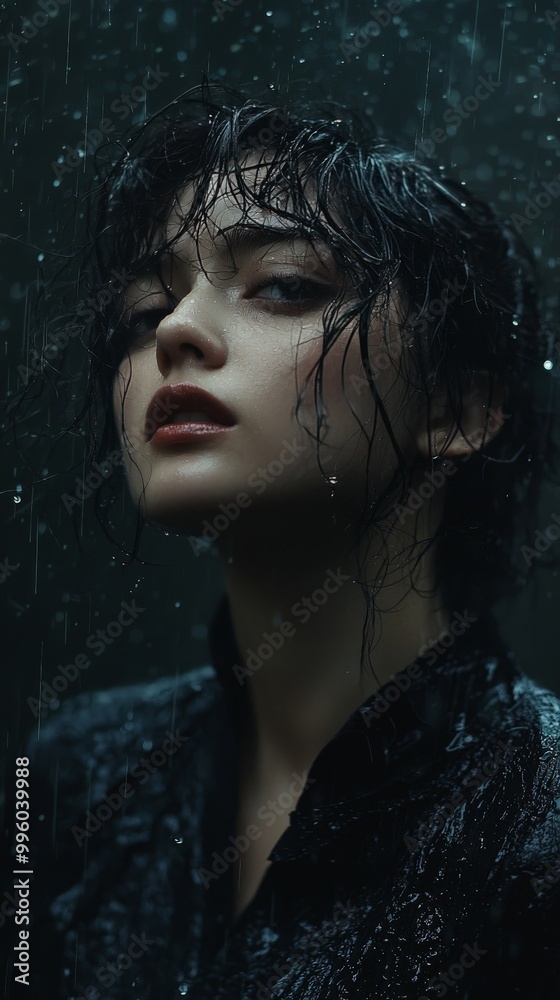 A dramatic portrait of a woman standing in the rain, her wet hair and dark clothing creating a moody, cinematic effect A dramatic portrait of a woman standing in the rain, her wet hair and dark clothing creating a moody, cinematic effect
