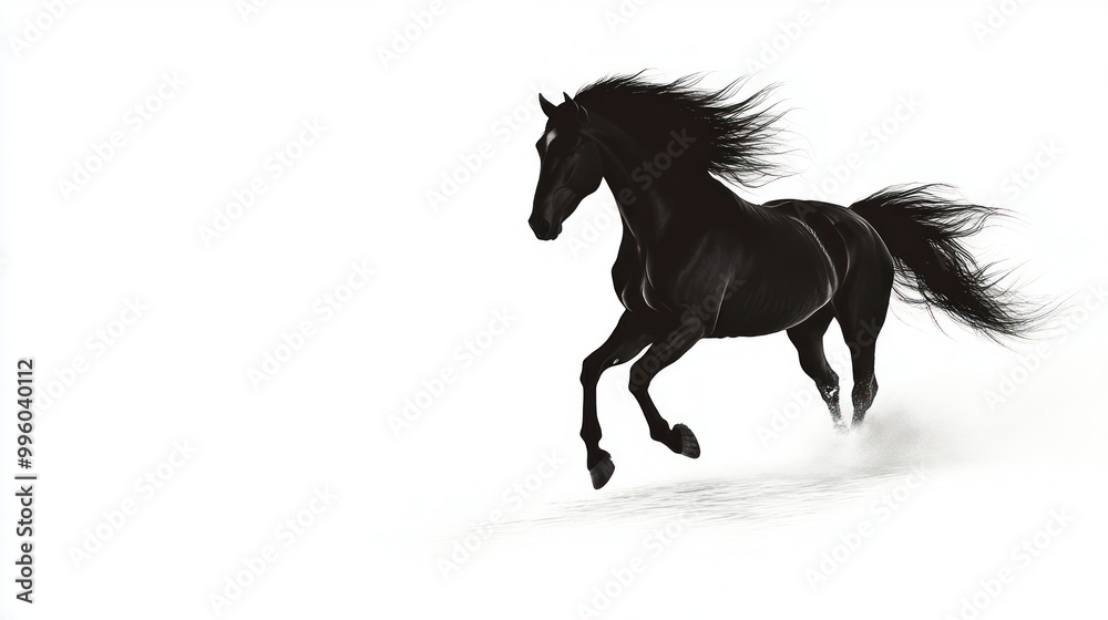 A Black Horse Running in a White Setting A Black Horse Running in a White Setting